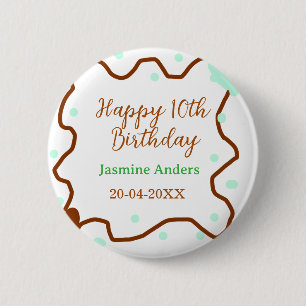 Happy 10th birthday green pastel brown border span 6 cm round badge