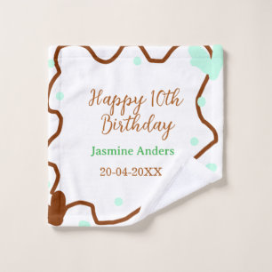 Happy 10th birthday green pastel brown border span wash cloth
