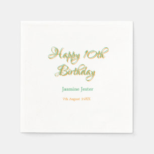 happy 10th birthday orange green name date simple napkin