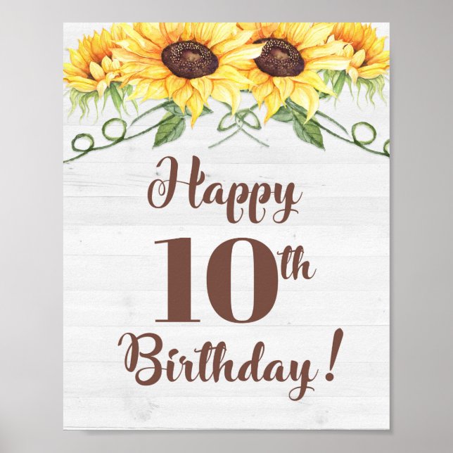 Happy 10th Birthday Sunflower Party Sign (Front)