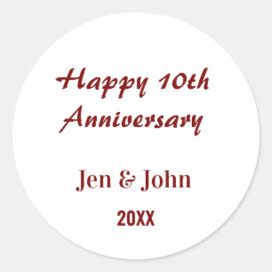 Happy 10th wedding anniversary mauve simple name  classic round sticker