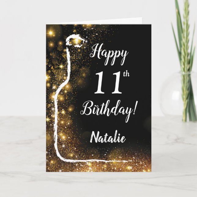 Happy 11th Birthday Black and Gold Glitter Wine Card (Front)