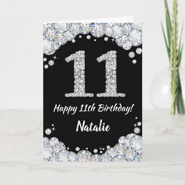 Happy 11th Birthday Black and Silver Glitter Card (Front)
