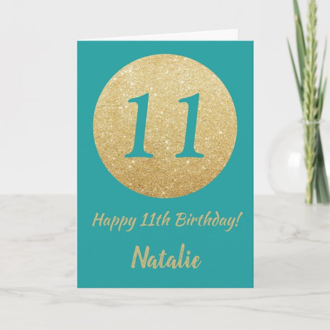 Happy 11th Birthday Teal and Gold Glitter Card (Front)
