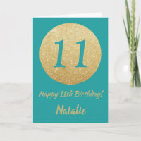 Happy 11th Birthday Teal and Gold Glitter Card