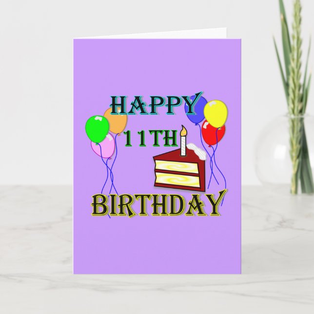 Happy 11th Birthday with Cake, Balloons and Candle Card (Front)