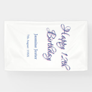 happy 12th birthday blue pink name date simple min banner