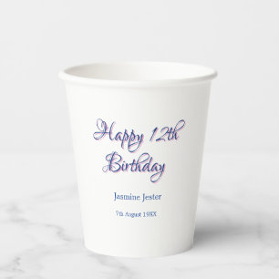 happy 12th birthday blue pink name date simple min paper cups