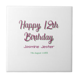 happy 12th birthday green pink name date simple ceramic tile