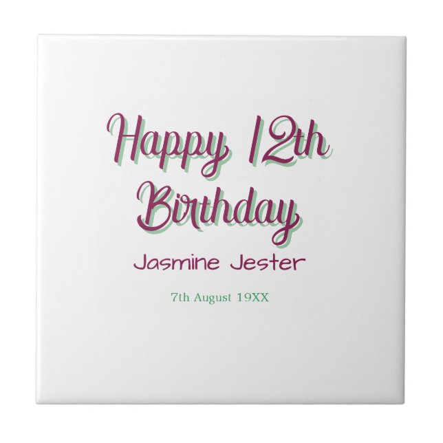 happy 12th birthday green pink name date simple ceramic tile (Front)