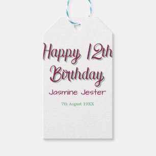 happy 12th birthday green pink name date simple gift tags