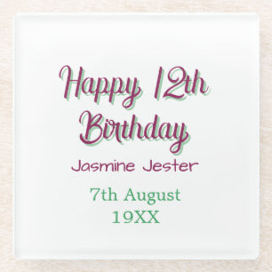 happy 12th birthday green pink name date simple glass coaster