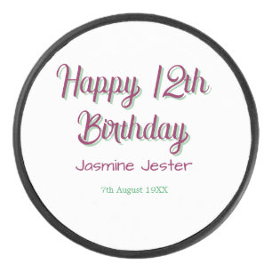 happy 12th birthday green pink name date simple hockey puck