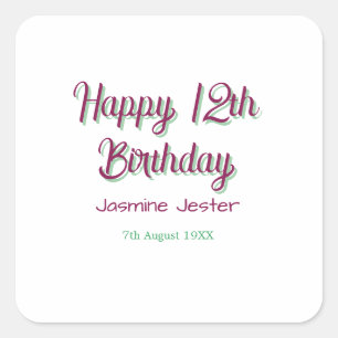happy 12th birthday green pink name date simple square sticker