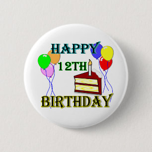 Happy 12th Birthday with Cake, Balloons and Candle 6 Cm Round Badge
