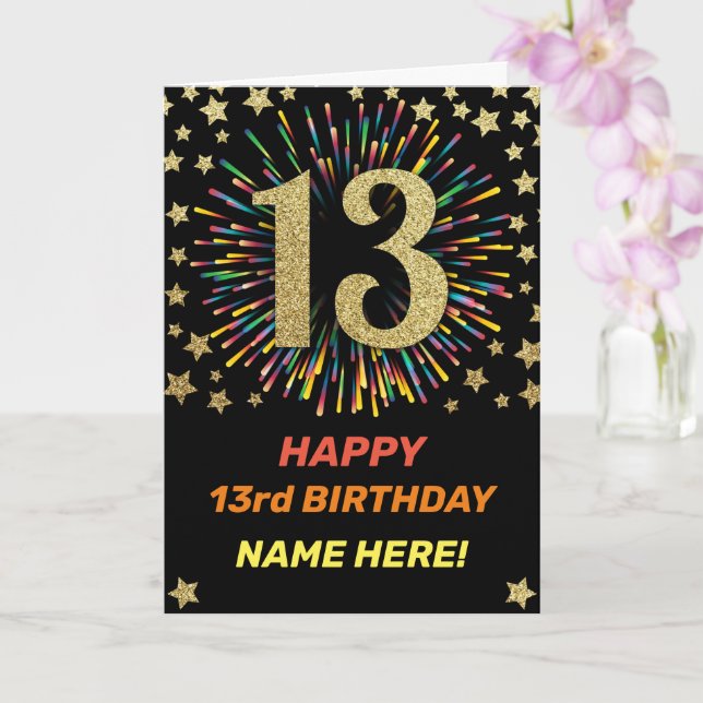 Happy 13rd Birthday Black & Gold Rainbow Firework Card (Orchid)