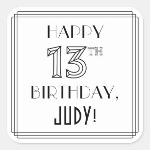 HAPPY 13TH BIRTHDAY, Art Deco Style, Custom Name Square Sticker