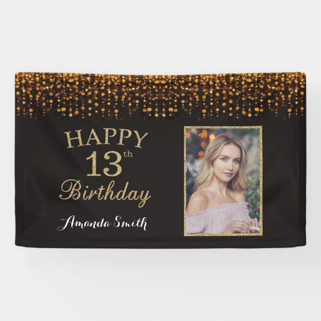 Happy 13th Birthday Banner. Gold Glitter Photo Banner (Horizontal)