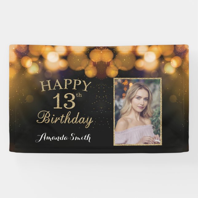 Happy 13th Birthday Banner. Gold Glitter Photo Banner (Horizontal)