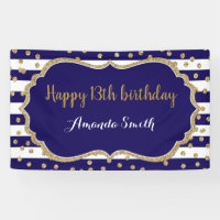 Happy 13th Birthday Banner Navy Blue Gold Glitter