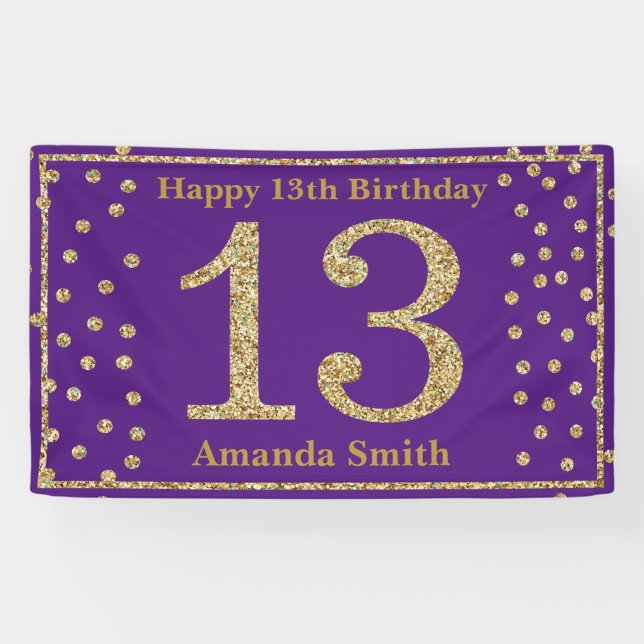Happy 13th Birthday Banner Purple and Gold Glitter (Horizontal)