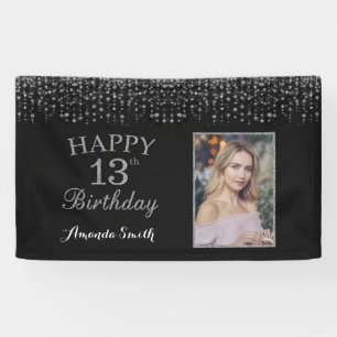 Happy 13th Birthday Banner. Silver Glitter Photo Banner