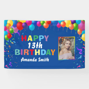 Happy 13th Birthday Colorful Balloons Blue Banner