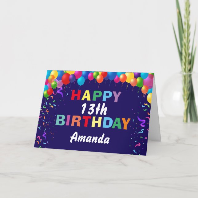 Happy 13th Birthday Colourful Balloons Navy Blue Card (Front)