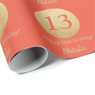 Happy 13th Birthday Coral Orange and Gold Glitter Wrapping Paper