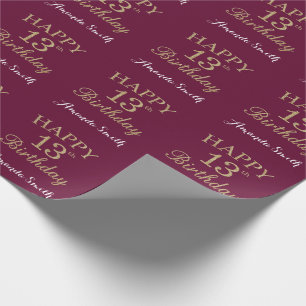 Happy 13th Birthday Gold Glitter and Burgundy Red Wrapping Paper