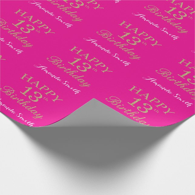 Happy 13th Birthday Gold Glitter and Hot Pink Wrapping Paper (Corner)