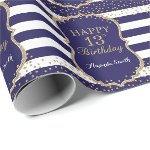 Happy 13th Birthday Gold Glitter and Navy Blue Wrapping Paper