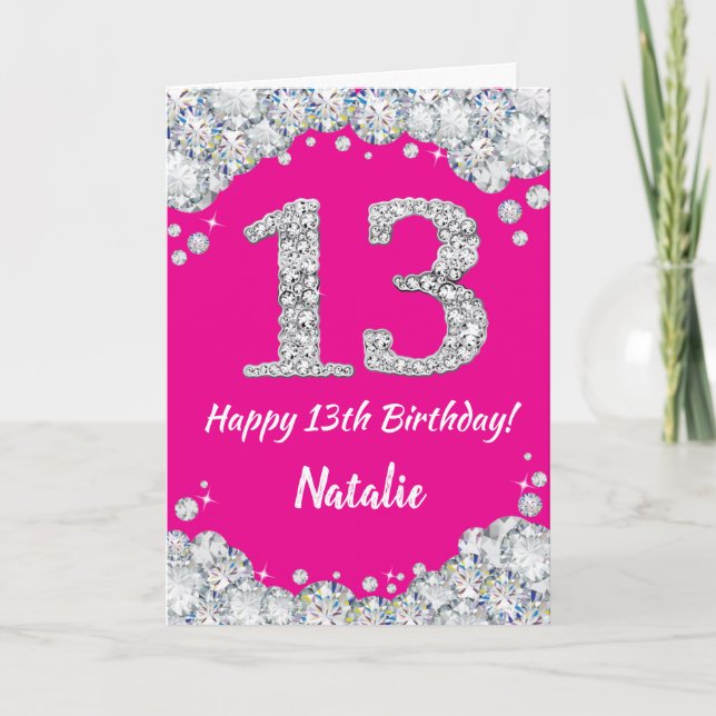 Happy 13th Birthday Hot Pink and Silver Glitter Card (Front)