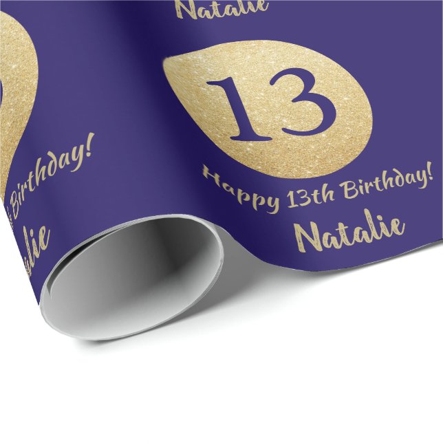 Happy 13th Birthday Navy Blue and Gold Glitter Wrapping Paper (Roll Corner)