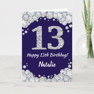 Happy 13th Birthday Navy Blue and Silver Glitter Card