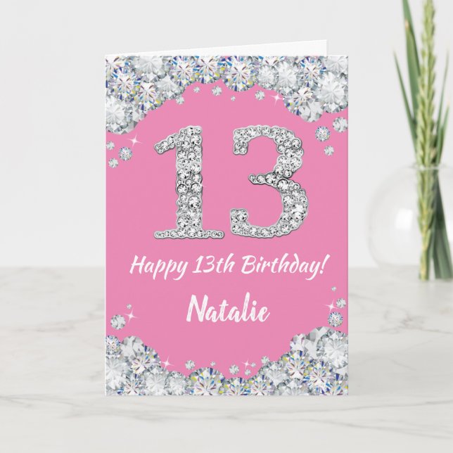 Happy 13th Birthday Pink and Silver Glitter Card (Front)