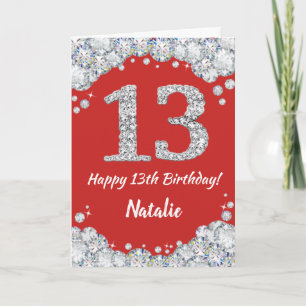 Happy 13th Birthday Red and Silver Glitter Card