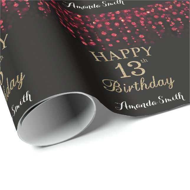 Happy 13th Birthday Red Black and Gold Glitter Wrapping Paper (Roll Corner)
