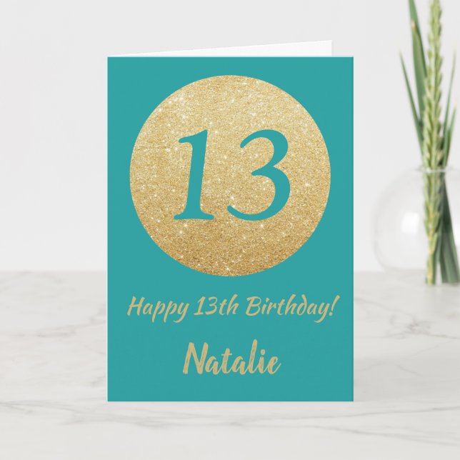 Happy 13th Birthday Teal and Gold Glitter Card (Front)