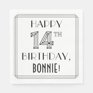 HAPPY 14TH BIRTHDAY; Art Deco Style; Custom Name Napkin