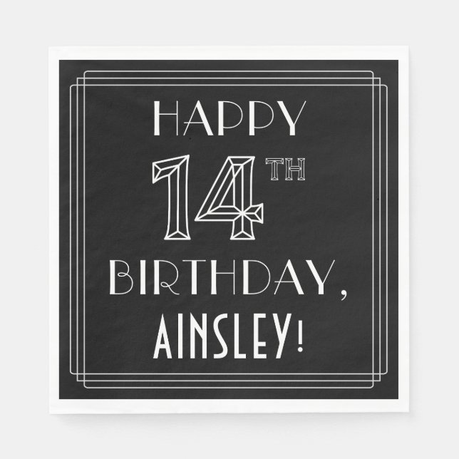 HAPPY 14TH BIRTHDAY; Art Deco Style; Custom Name Napkin (Front)