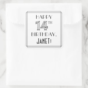 HAPPY 14TH BIRTHDAY, Art Deco Style, Custom Name Square Sticker