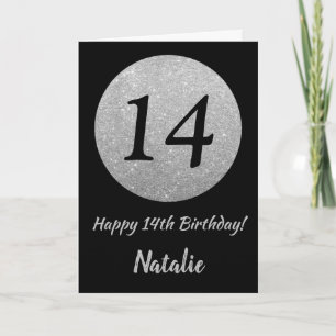 Happy 14th Birthday Black and Silver Glitter Card
