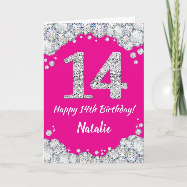 Happy 14th Birthday Hot Pink and Silver Glitter Card (Front)