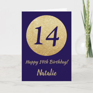 Happy 14th Birthday Navy Blue and Gold Glitter Card