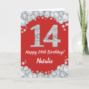 Happy 14th Birthday Red and Silver Glitter Card