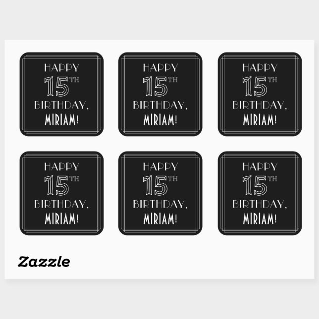 HAPPY 15TH BIRTHDAY; Art Deco Style; Custom Name Square Sticker (Sheet)