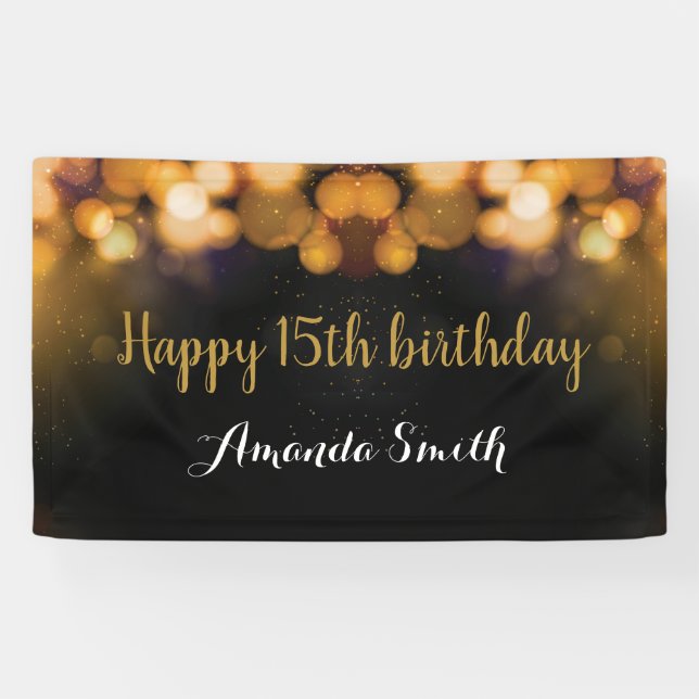 Happy 15th Birthday Banner. Black and Gold Glitter Banner (Horizontal)
