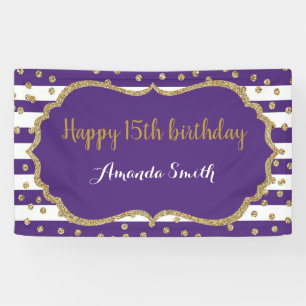 Happy 15th Birthday Banner Purple and Gold Glitter