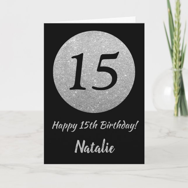 Happy 15th Birthday Black and Silver Glitter Card (Front)